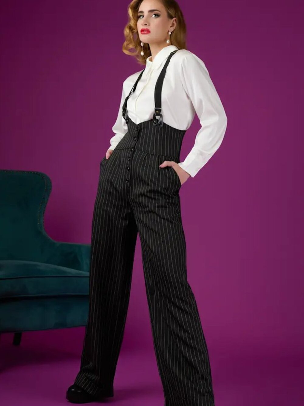 Unique Vintage 1930s Black & White Pin Stripe Thelma Suspender Pants